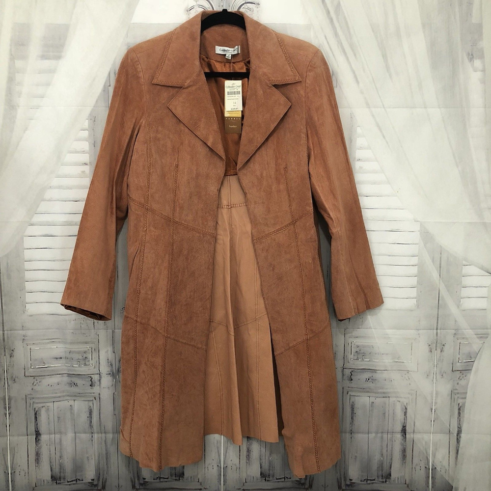 Open Front Camel Suede Duster Coat Size 14, genuine leather!